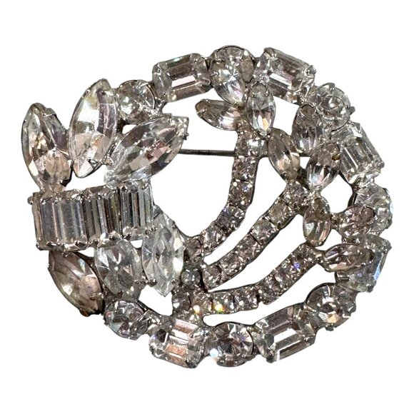 Vintage Weiss Multi Layer Baguette Clear Rhinestone Circle Brooch Pin 2" Signed - Picture 1 of 6